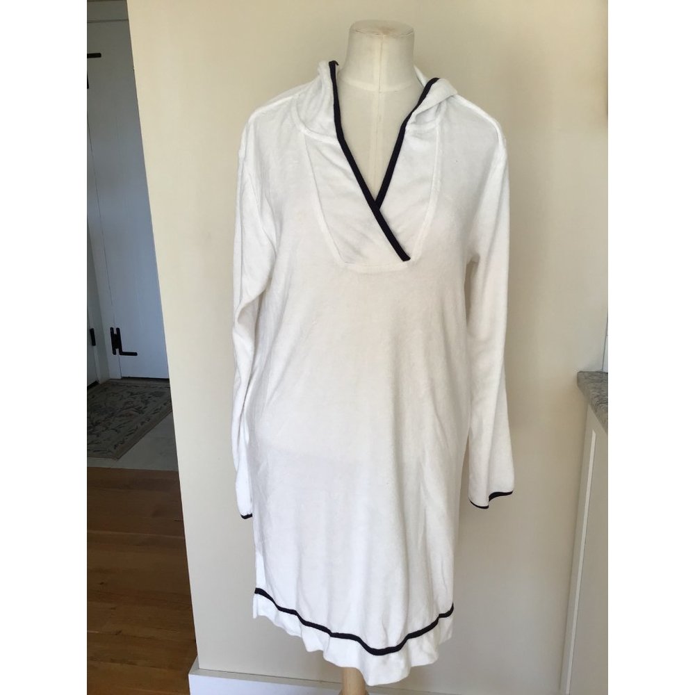 Women’s White Hooded Swim Cover-Up with Black Trim